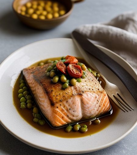 Pan Roasted Salmon With Fava Beans and Roasted Tomatoes recipe image