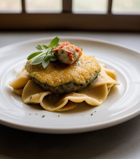 Panneed Veal With Cheese and Crab Ravioli and Red Pepper recipe image