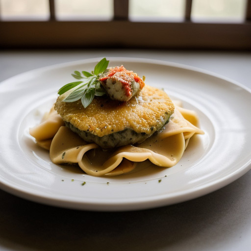 Panneed Veal With Cheese and Crab Ravioli and Red Pepper recipe image