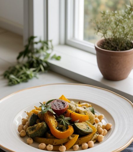 Pasta & Garbanzo Beans With Roasted Vegetable recipe image