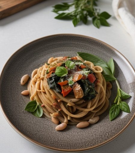 Pasta W/Red Peppers, Greens, Beans, Garlic & Lemon Zest recipe image