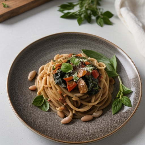 Pasta W/Red Peppers, Greens, Beans, Garlic & Lemon Zest recipe image