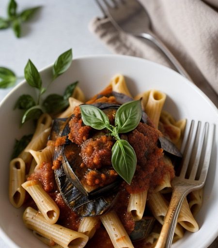 Pasta With Roasted Eggplant & Tomato Sauce recipe image