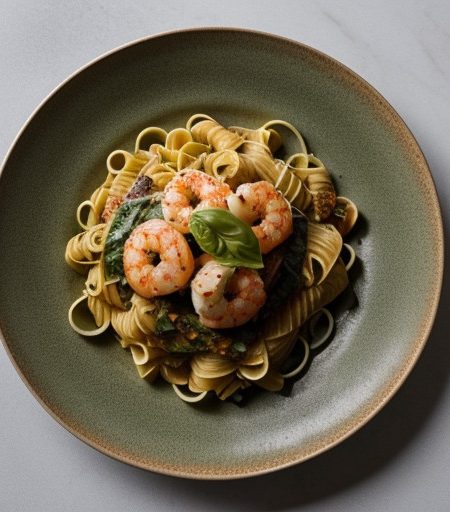 Pasta With Shrimp and Basil Vinaigrette - Bon Appetit recipe image
