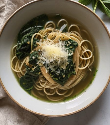 Pasta With Spinach Chiffonade in Chicken Broth recipe image