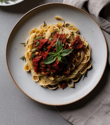 Pasta With Sun Dried Tomatoes and Pine Nuts recipe image