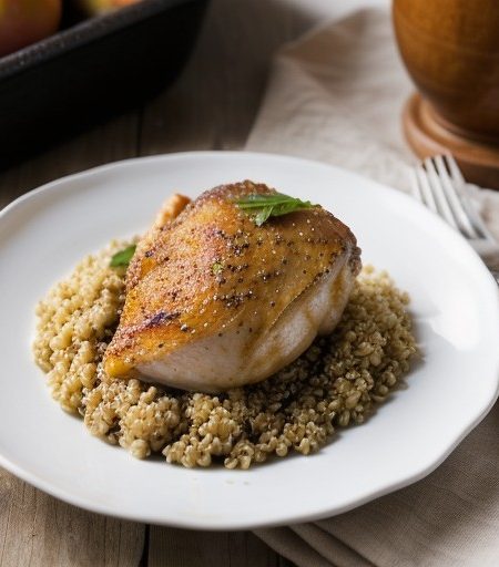 Peach Baked Chicken on Bulgur (Cooking Without Fat recipe image