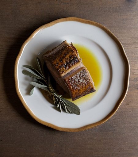 Pecan-Coated Roast Loin of Pork With Baked Pe recipe image