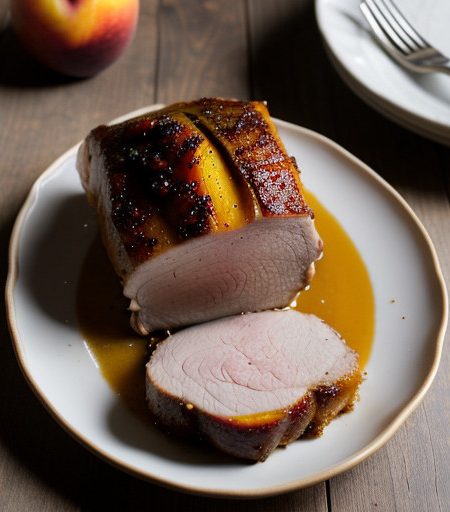 Pecan-Coated Roast Pork Loin With Baked Peach recipe image