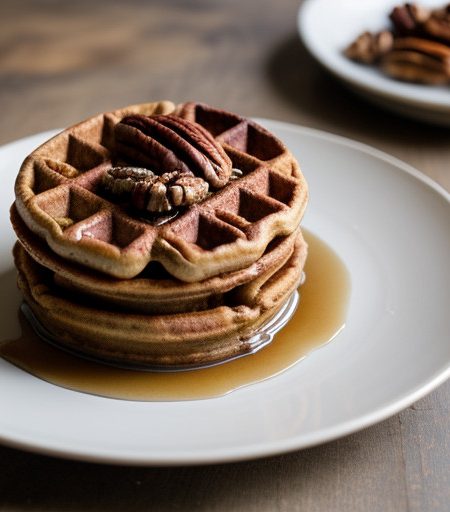 Pecan Waffles With Roasted Pecan and Banana Syrup recipe image