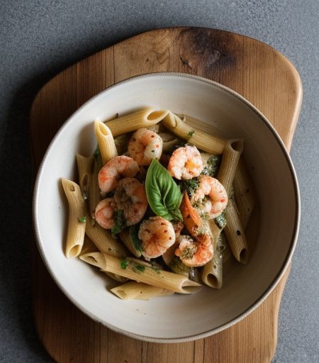 Penne With Basil-Seafood Sauce - Bon Appetit recipe image