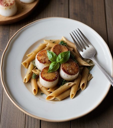 Penne With Smothered Scallops~ Tomato~ Basil recipe image