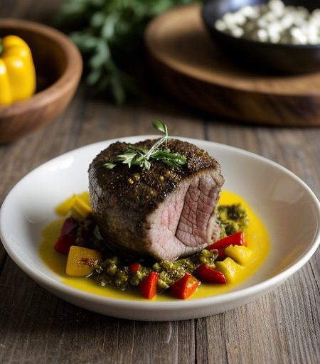 Pepper-Stuffed Lamb With Garlic Chevre Sauce recipe image