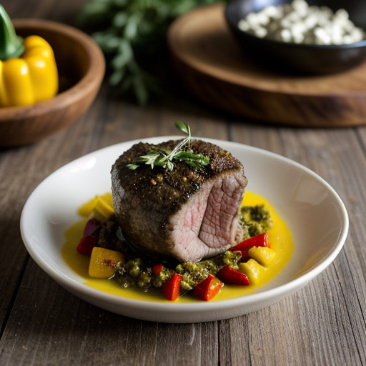 Pepper-Stuffed Lamb With Garlic Chevre Sauce recipe image