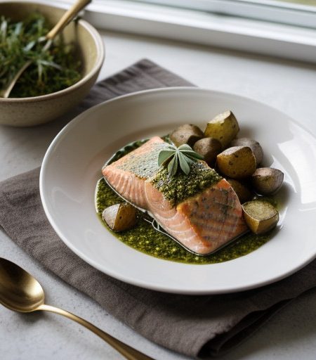 Pesto Salmon With Pan-Roasted Potatoes recipe image