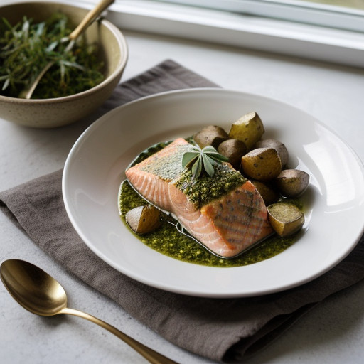 Pesto Salmon With Pan-Roasted Potatoes recipe image