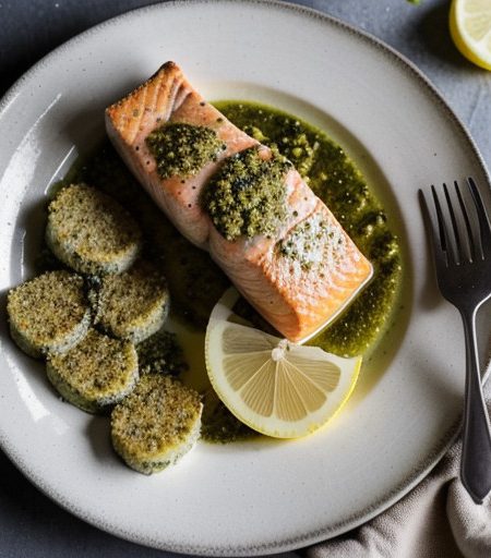 Pesto Salmon and Sea Scallops With Lemon/Garlic Beurre Bl recipe image
