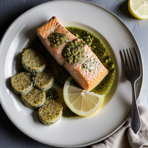 Pesto Salmon and Sea Scallops With Lemon/Garlic Beurre Bl recipe image