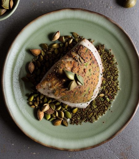 Pine Nut-Crusted Chicken With Green Mole Cream recipe image