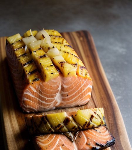 Planked Salmon With Grilled Pineapple~ Rhubar recipe image