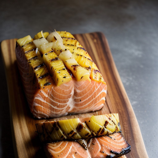Planked Salmon With Grilled Pineapple~ Rhubar recipe image