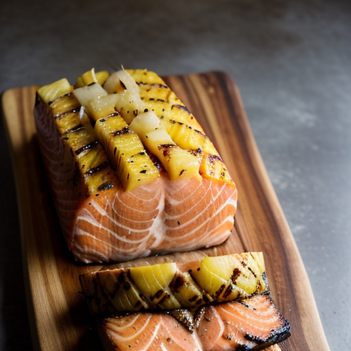 Planked Salmon With Grilled Pineapple~ Rhubar recipe image