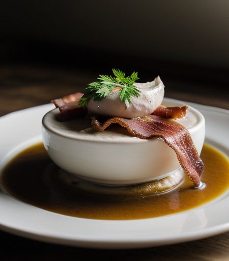 Poached Fowl and Bacon With 'Pudding' recipe image