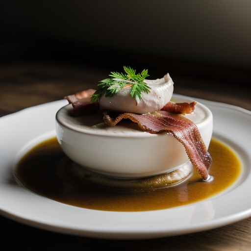 Poached Fowl and Bacon With 'Pudding' recipe image