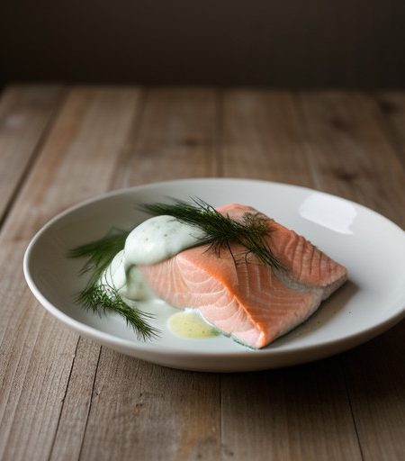 Poached Salmon With Cucumber-Dill Sauce recipe image