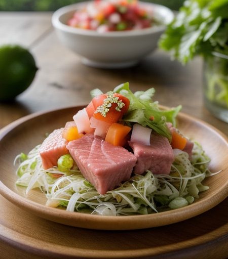 Poke of Ahi and Onaga With Green Papaya Salad and Lime Vi recipe image