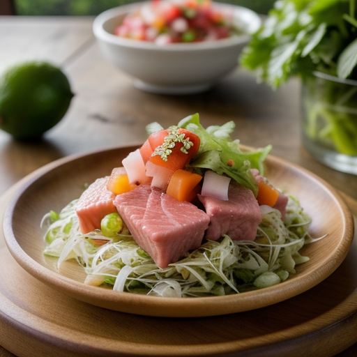Poke of Ahi and Onaga With Green Papaya Salad and Lime Vi recipe image