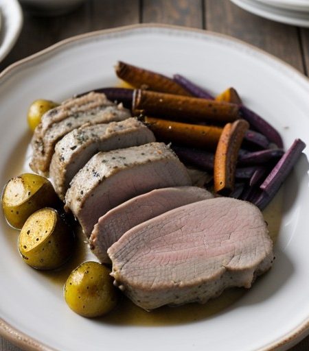 Pork Loin Roast With Mashed Roasted Vegetables^ recipe image