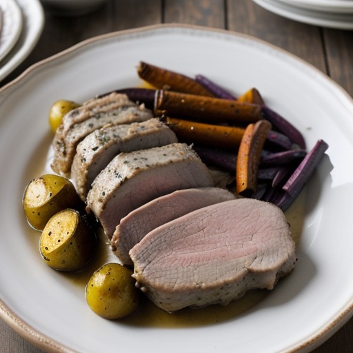 Pork Loin Roast With Mashed Roasted Vegetables^ recipe image