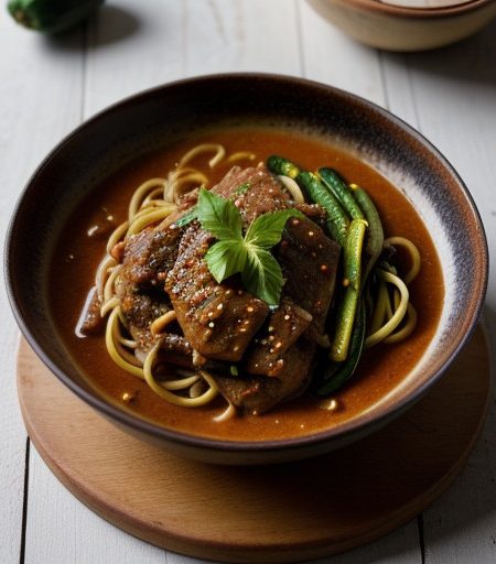 Pork Sauce Robert With Zucchini and Spaghetti - House Bea recipe image