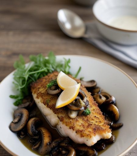 Potato Crusted Gulf Fish With a Grilled Mushroom Relish recipe image
