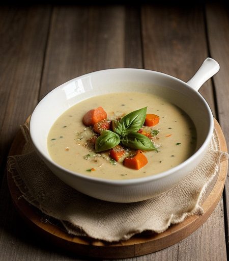 Potato and Garlic Soup With Basil and Tomato - Bon Appeti recipe image