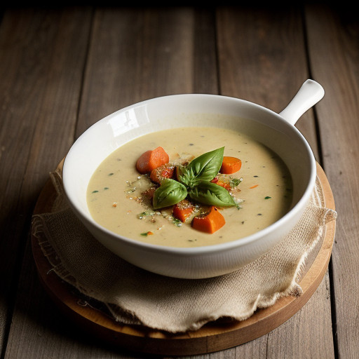 Potato and Garlic Soup With Basil and Tomato - Bon Appeti recipe image