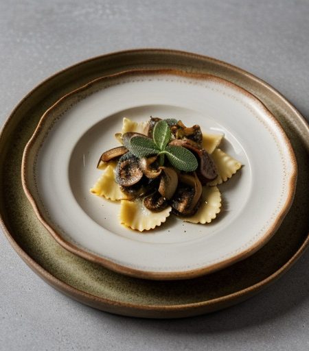 Prosiutto and Mushroom Ravioli With Fried Sage recipe image