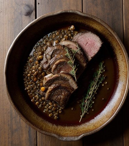 Rack of Lamb W/ Chanterelles & Lentils in a Port Wine Sauce recipe image