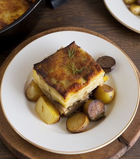Roast Lamb With Potato, Onion and Pepper Gratin recipe image