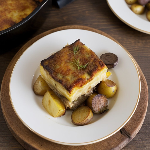 Roast Lamb With Potato, Onion and Pepper Gratin recipe image