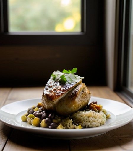 Roasted Chicken Mofongo With Black Beans recipe image