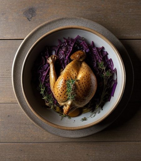 Roasted Chicken With Braised Red Cabbage and Thyme Sauce recipe image
