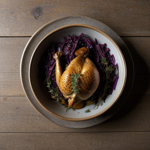Roasted Chicken With Braised Red Cabbage and Thyme Sauce recipe image