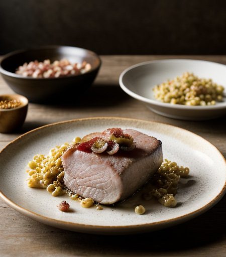Roasted Pork Loin With Bacon and Onion Spaetz recipe image
