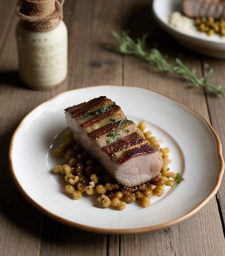 Roasted Pork Loin With Bacon and Onion Spatzle recipe image