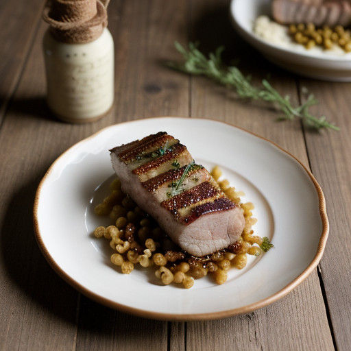 Roasted Pork Loin With Bacon and Onion Spatzle recipe image