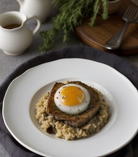 Roasted Pork Risotto With Fried Quail Eggs recipe image