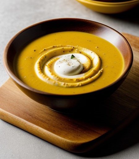 Roasted Yellow Pepper Soup With Basil Cream recipe image