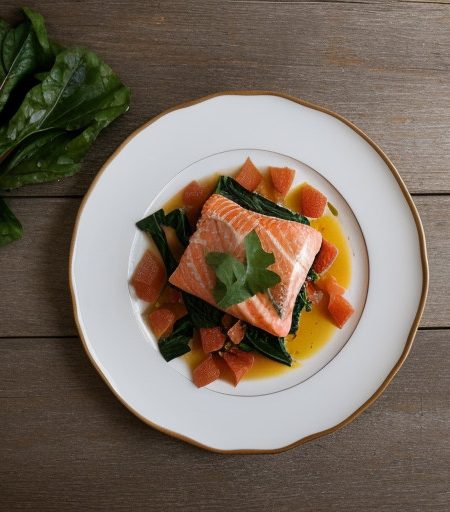 Salmon Poached With Tomatoes & Swiss Chard recipe image
